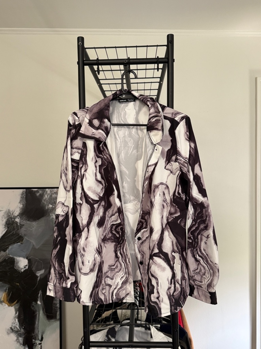Marble-Print Button-Up Jacket - White & Black